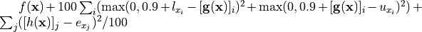 f(\mathbf{x}) + 100 \sum_i(\max(0, 0.9 + l_{x_i} - [\mathbf{g}(\mathbf{x})]_i)^2 + \max(0, 0.9 + [\mathbf{g}(\mathbf{x})]_i - u_{x_i})^2) + \sum_j([h(\mathbf{x})]_j - e_{x_j})^2/100